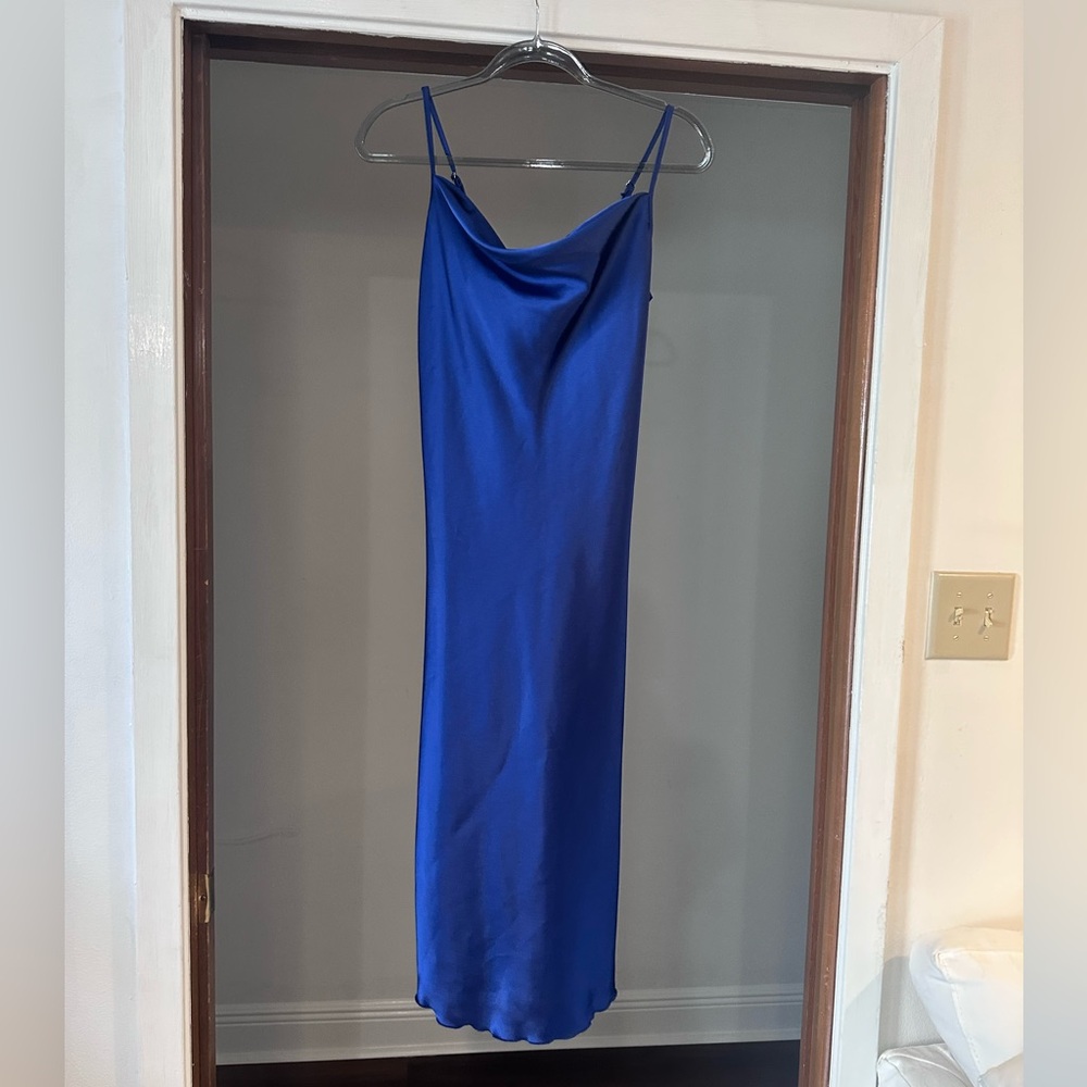 bebe satin cowl neck slip dress